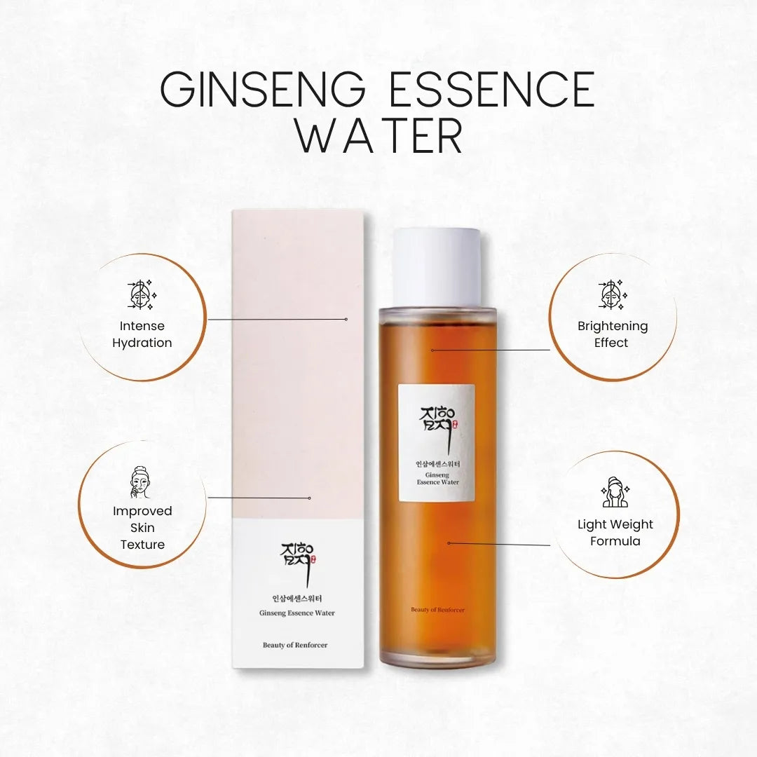 Beauty of Renforcer Ginseng Essence Water – hydrating anti-aging essence displayed with key skincare benefits and ginseng formula.
