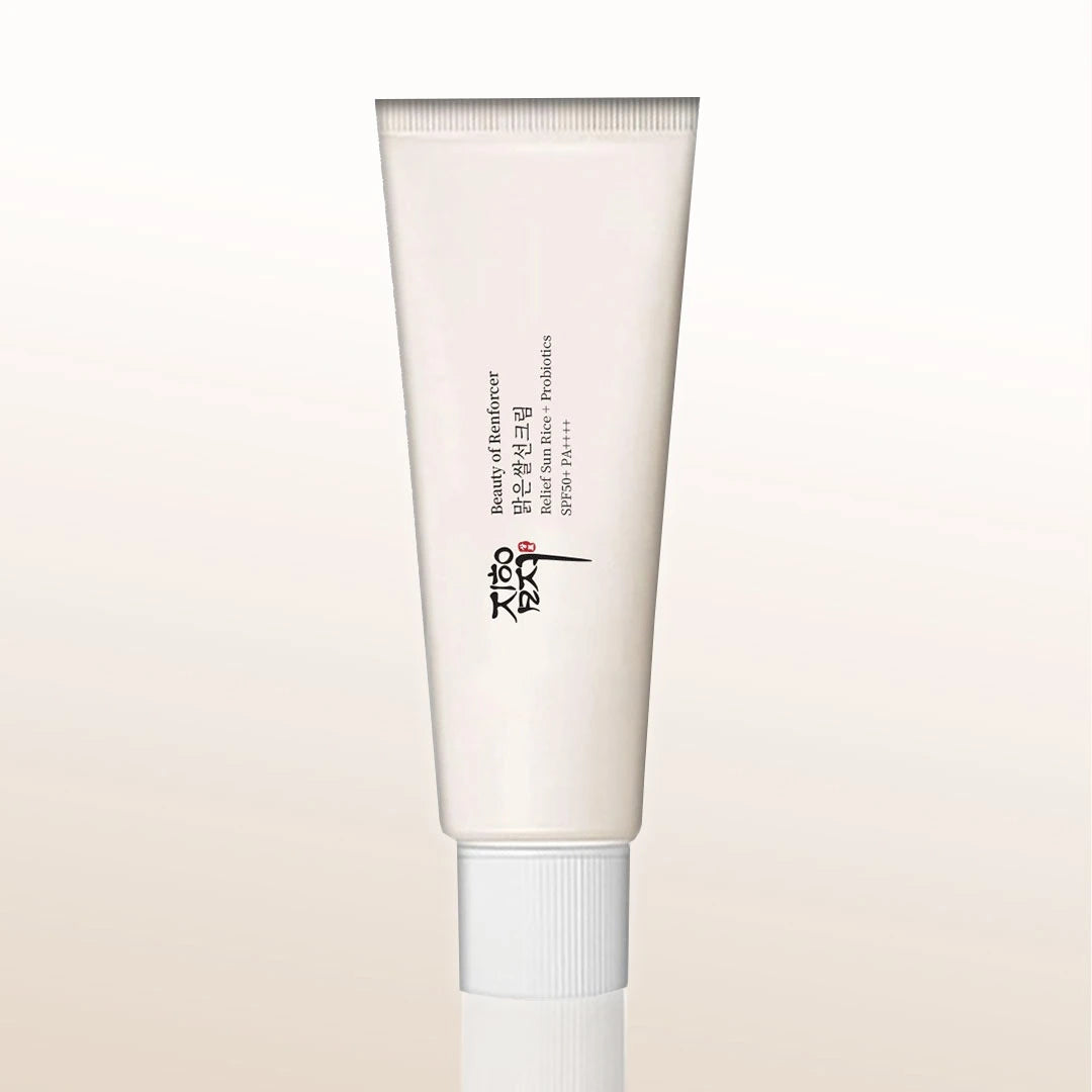 Beauty of Renforcer Relief Sunscreen Rice + Probiotics SPF50+ PA+++ – lightweight UV defense sunscreen with rice extract and probiotics.