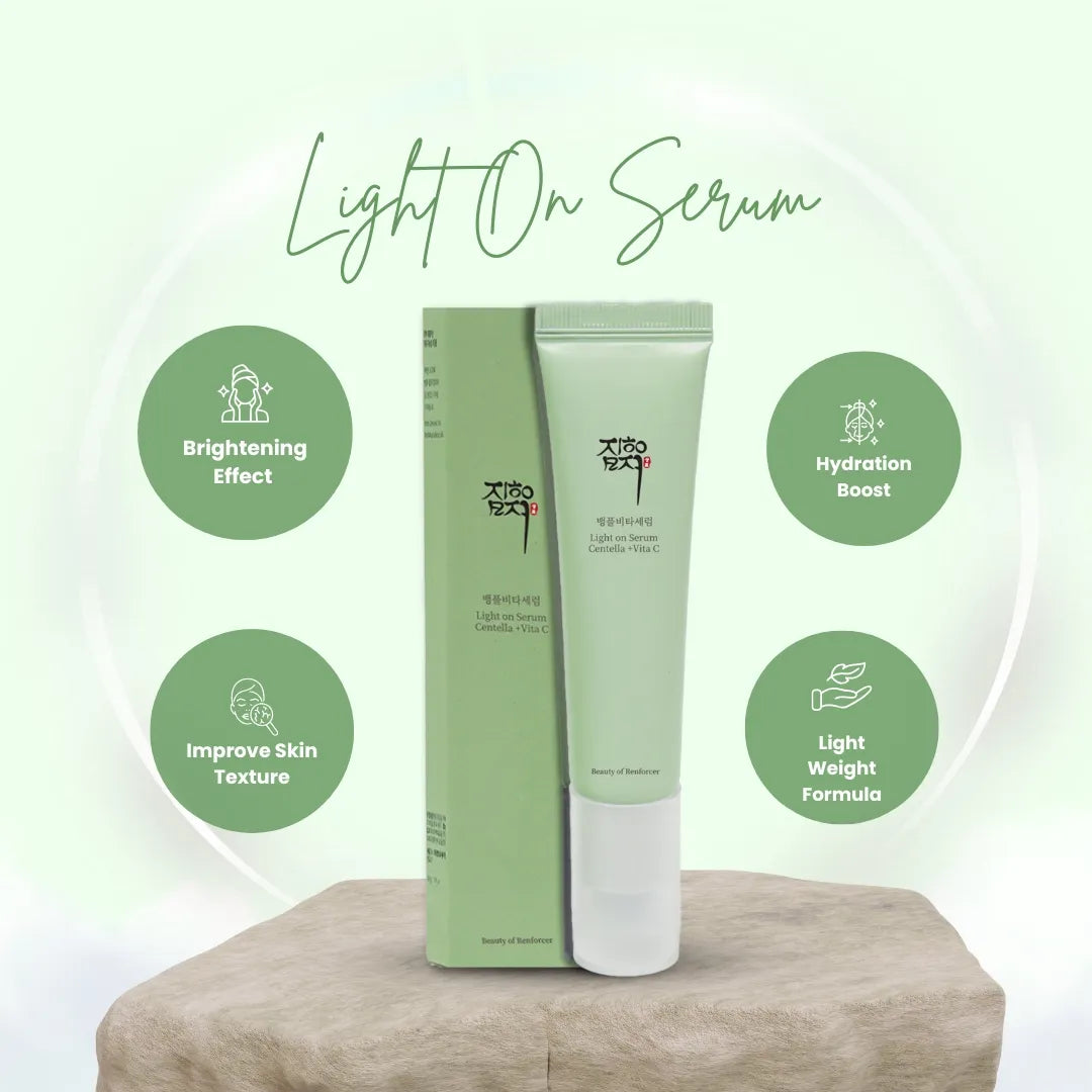 Beauty of Renforcer Light On Serum Centella + Vita C – soothing vitamin C and centella facial serum shown with skincare benefits.