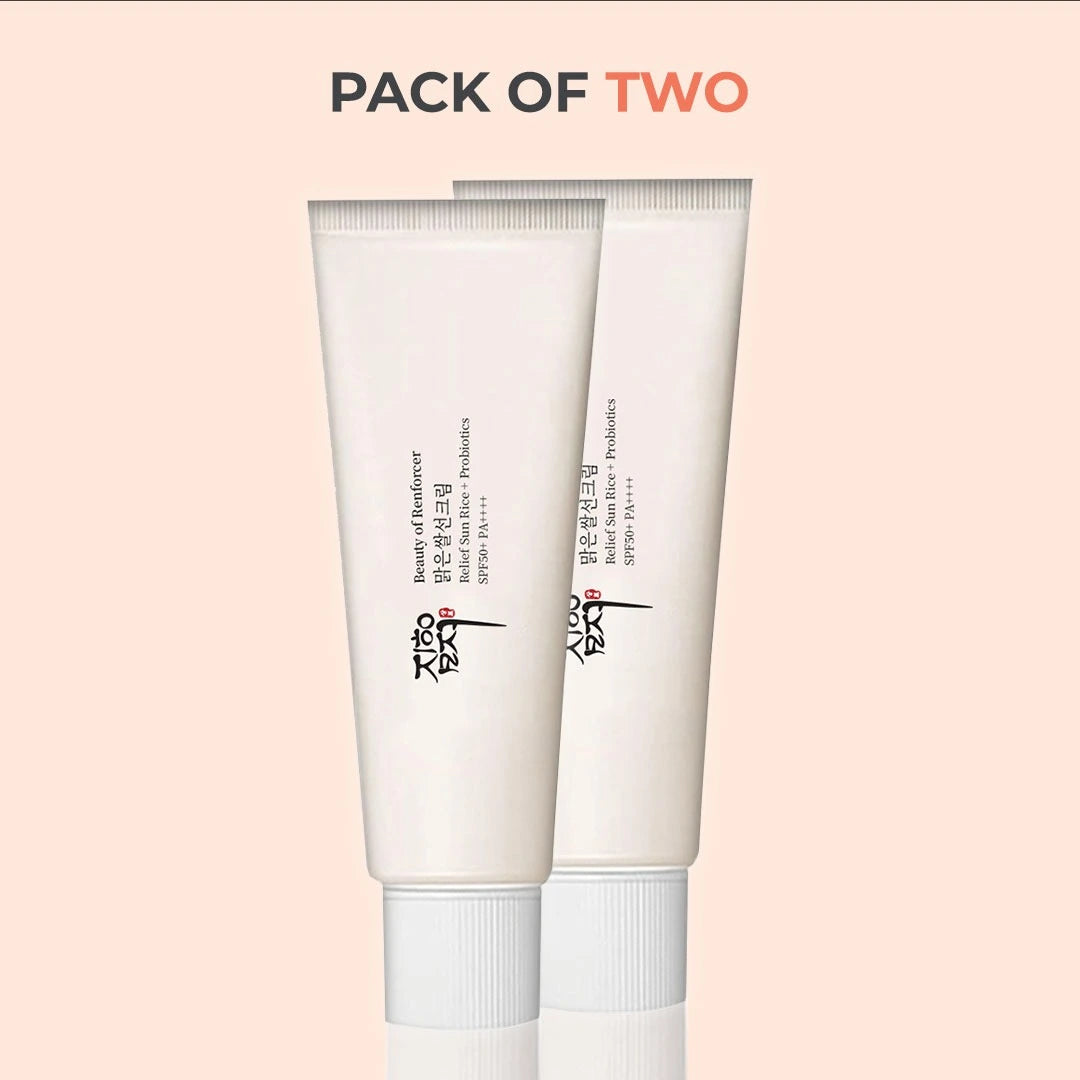 Pack of two Beauty of Renforcer Relief Sunscreen Rice + Probiotics SPF50+ PA+++ – daily UV protection duo for glowing, healthy skin.