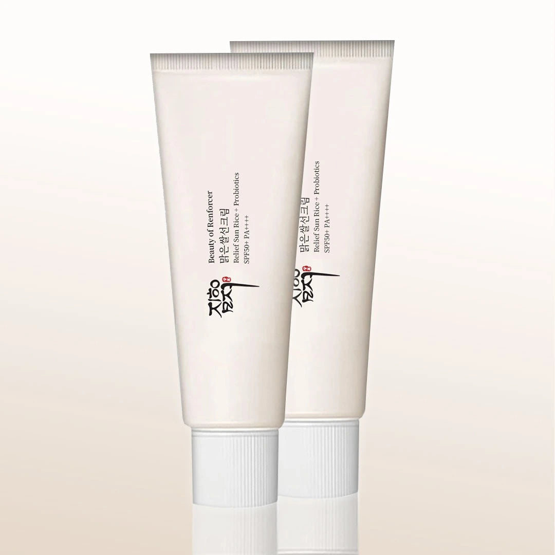 Beauty of Renforcer Relief Sunscreen Rice + Probiotics SPF50+ PA+++ – hydrating facial sunscreen with brightening rice extract and probiotics.
