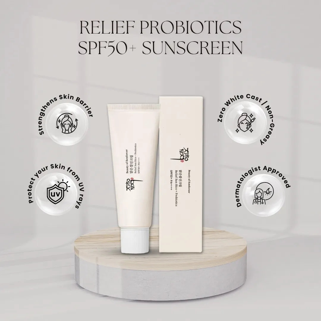 Beauty of Renforcer Relief Sunscreen Rice + Probiotics SPF50+ PA+++ – hydrating lightweight sunscreen shown with UV protection and skin-soothing benefits.